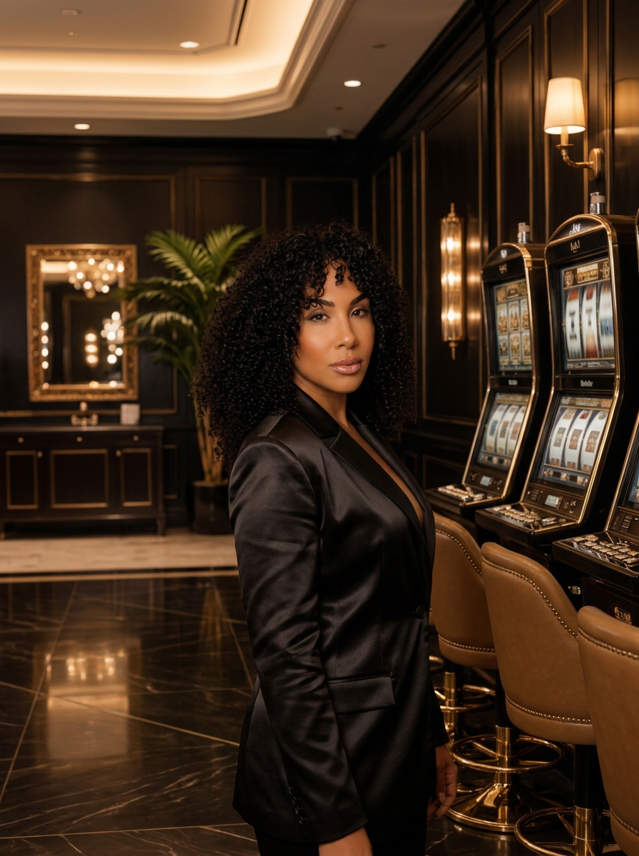 A wide view of a private high-limit slot room with a member beside a bank of illuminated machines
