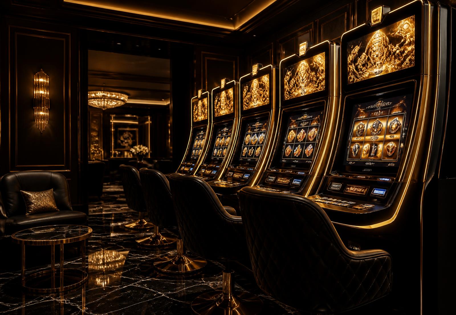 A private high-limit slot room with a bank of illuminated machines