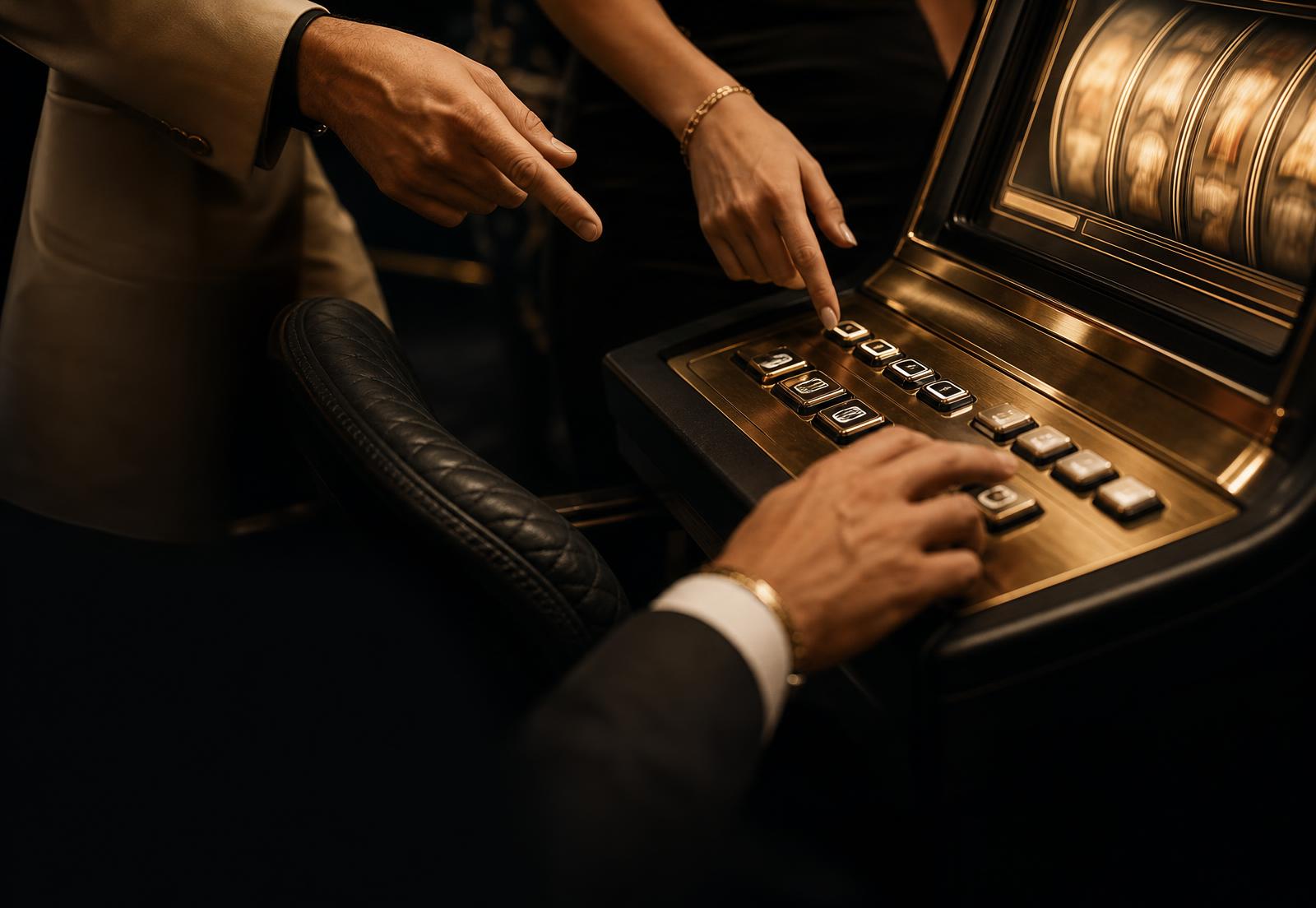 Members choosing a premium slot machine together, with hands gathered over its brass controls