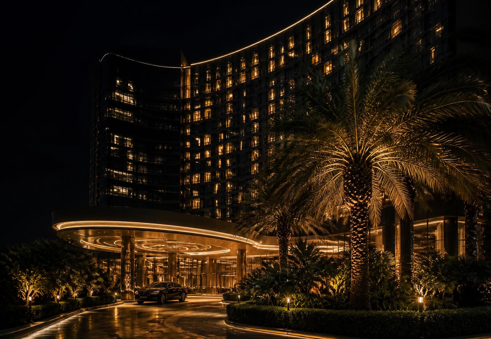 A luxury casino resort lit in gold at night