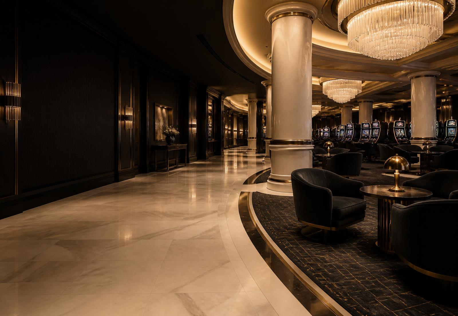 An elegant high-limit casino lounge with cream marble, brass details and softly lit slot machines